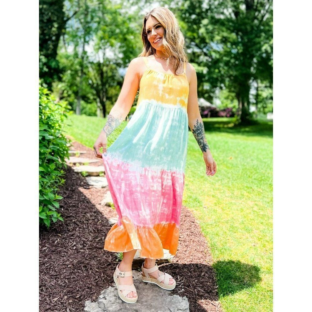 SALE! White Birch Tie Dye Maxi Dress Yellow Mint Summer Spring New D90110A1XL